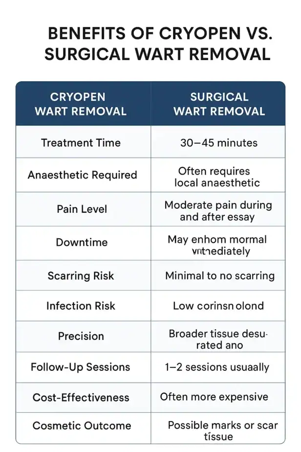 Table showing the benefits of cryopen to remove warts Kilmarnock compared to surgical treatment
